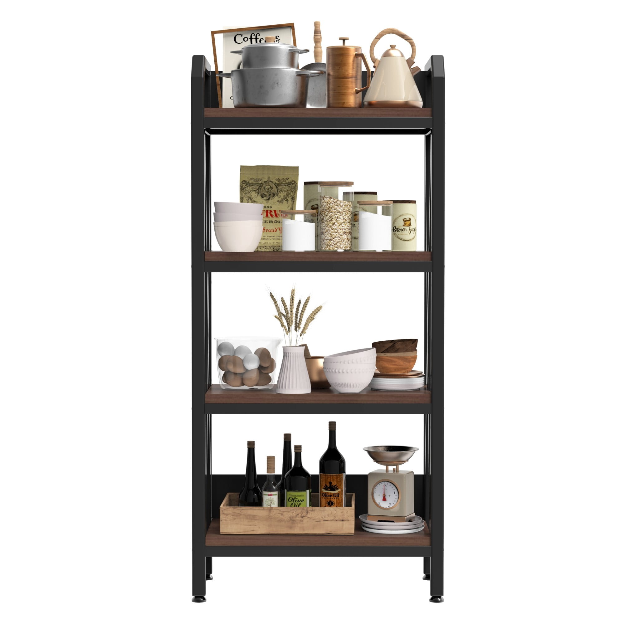 AENKYO 25.6" Wide 4-Tier Kitchen Storage Rack, Heavy-Duty Steel Frame with Rustic Wood Shelves, Metal Pantry Organizer, Black