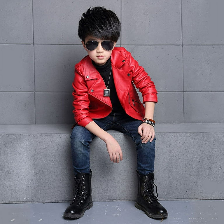 Youi gifts Spring Autumn Red Black Kids Boys Girls Leather Coat for Children PU Leather Cool Jackets for Girls Solid Fshion Full Outerwear Kids