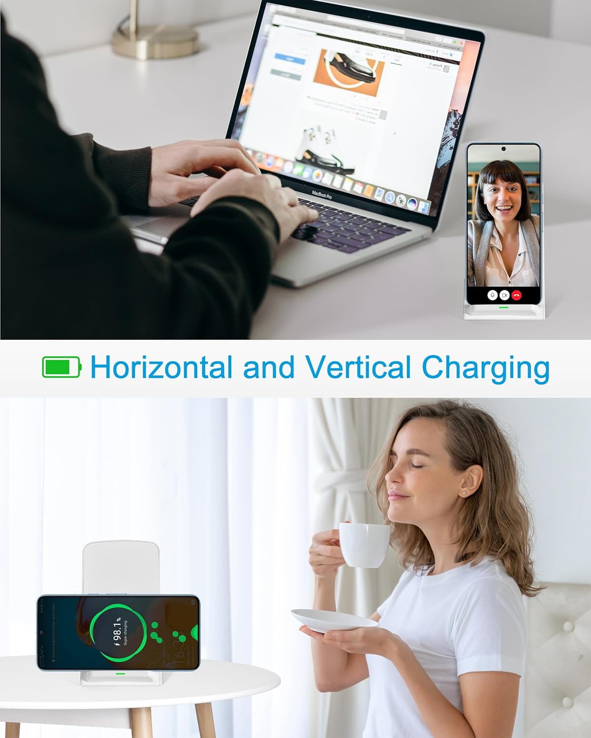 2-Pack Wireless Phone Charger Stand for Android & iPhone - 15W Fast Qi Charging Station for Google Pixel 3 4 XL 5 6 7 8 Pro Samsung Galaxy S25 S24 S23 S22 Z Flip Fold OnePlus (Black and White)