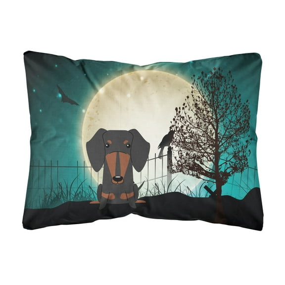 Halloween Scary Dachshund Black Tan Canvas Fabric Decorative Pillow