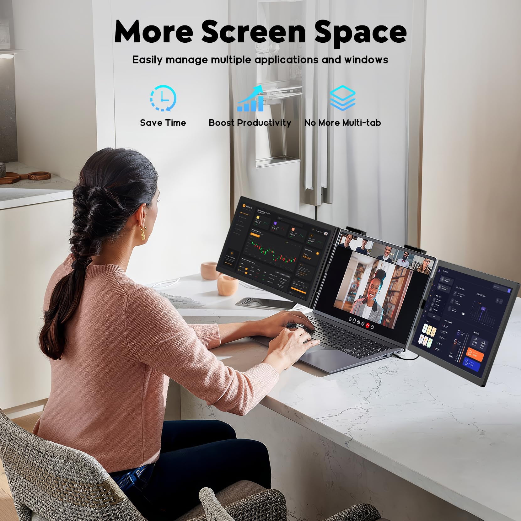 Dual Laptop Screen Extender, 14" 1080P IPS Portable Triple Monitor for 13-16.5" Laptops with USB-C Port, Plug and Play, Attachment Screen for Windows/Mac/Android/Switch/PS5/Xbox