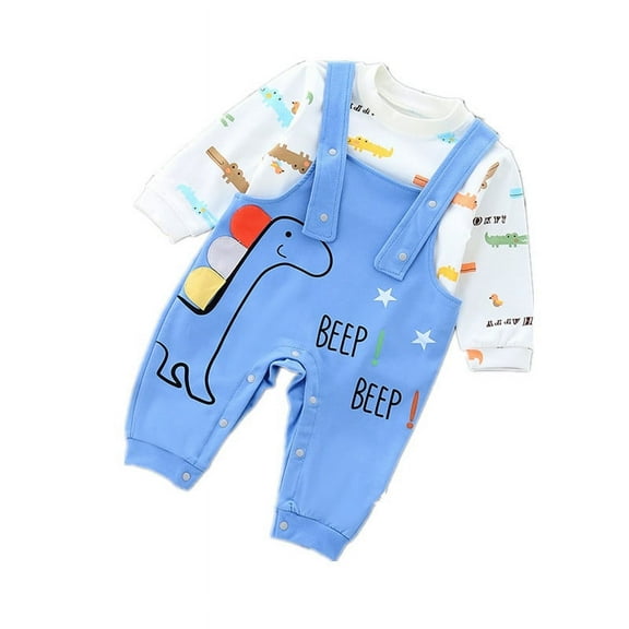 Spring and Autumn Boys' Baby Garment Set Fashion Cotton Top Strap Pants Two-piece Set of Boys' Neonatal Children's Dinosaur Strap Pants Set.