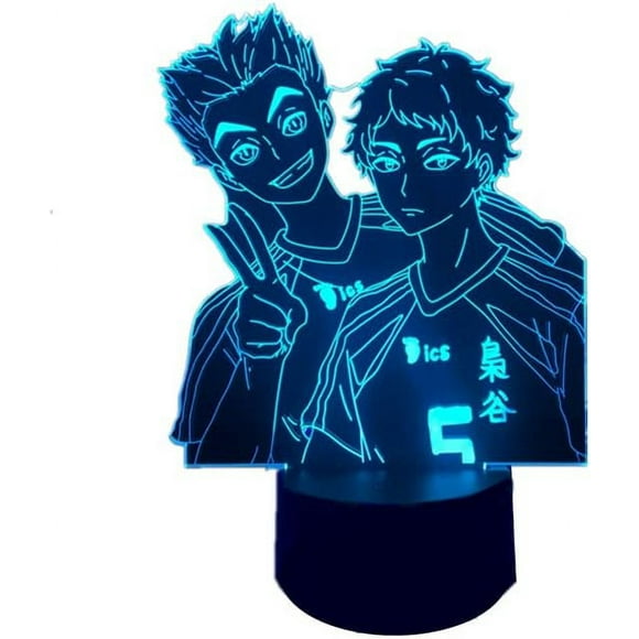 WJ 3D Anime Lamp Bokuto Koutarou and Akaashi Keiji Figure Night Light RGB 16 Color Changes LED Illusion Light (Black Base Remote Control)