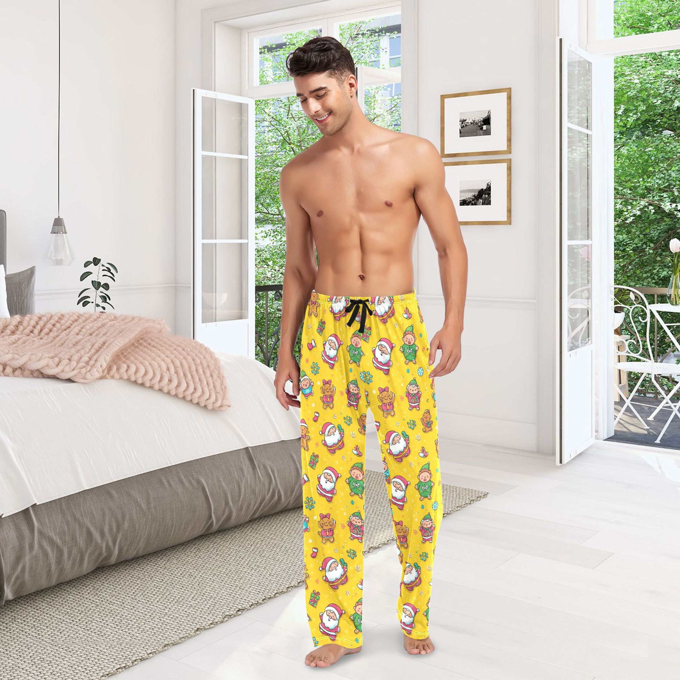 Men's Pajama Bottoms Santa Claus Elves and Gingerbread Men Men's Cotton Pajama Pants Men's Loose Printed Pajama Pants Casual Pants with Pockets