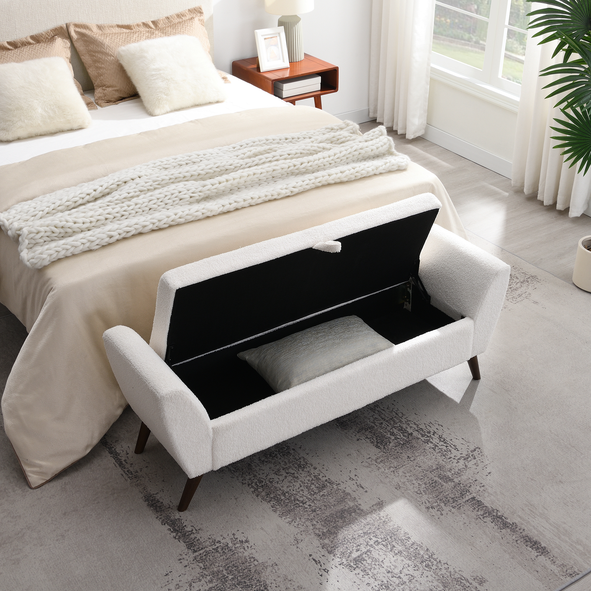 HOQBN 60" Modern Storage Bench with Mid-Centruy Wood Legs,Bench with Storage for Living Room, Bedroom Cream