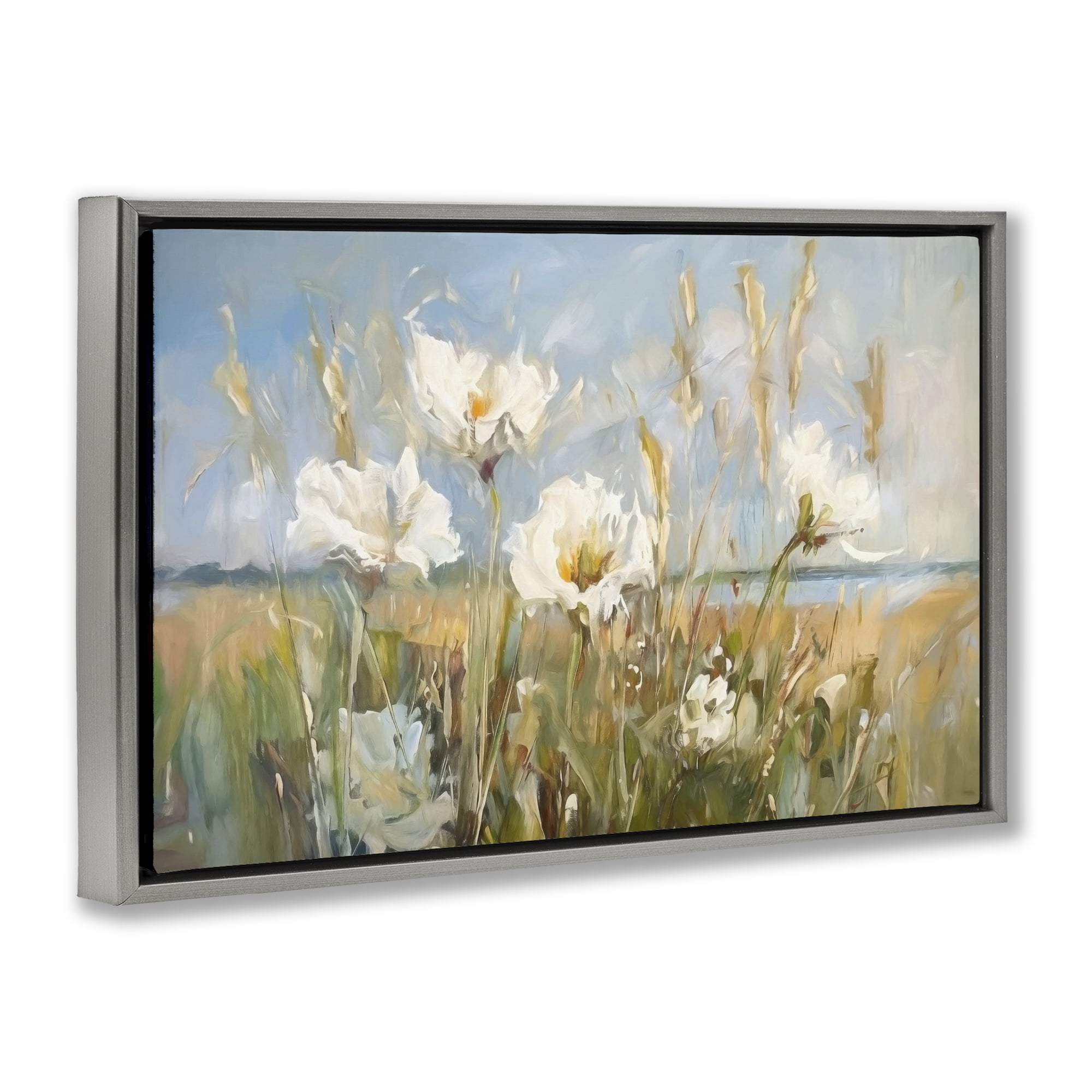 Stupell Industries Soft Seaside Wildflowers Botanical & Floral Painting Gray Floater Framed Art Print Wall Art, 25 x 17
