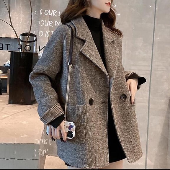 Women's British‑Style Brown Herringbone Wool‑Blend Oversized Coat, Thick Warm Casual Mid‑Length Jacket