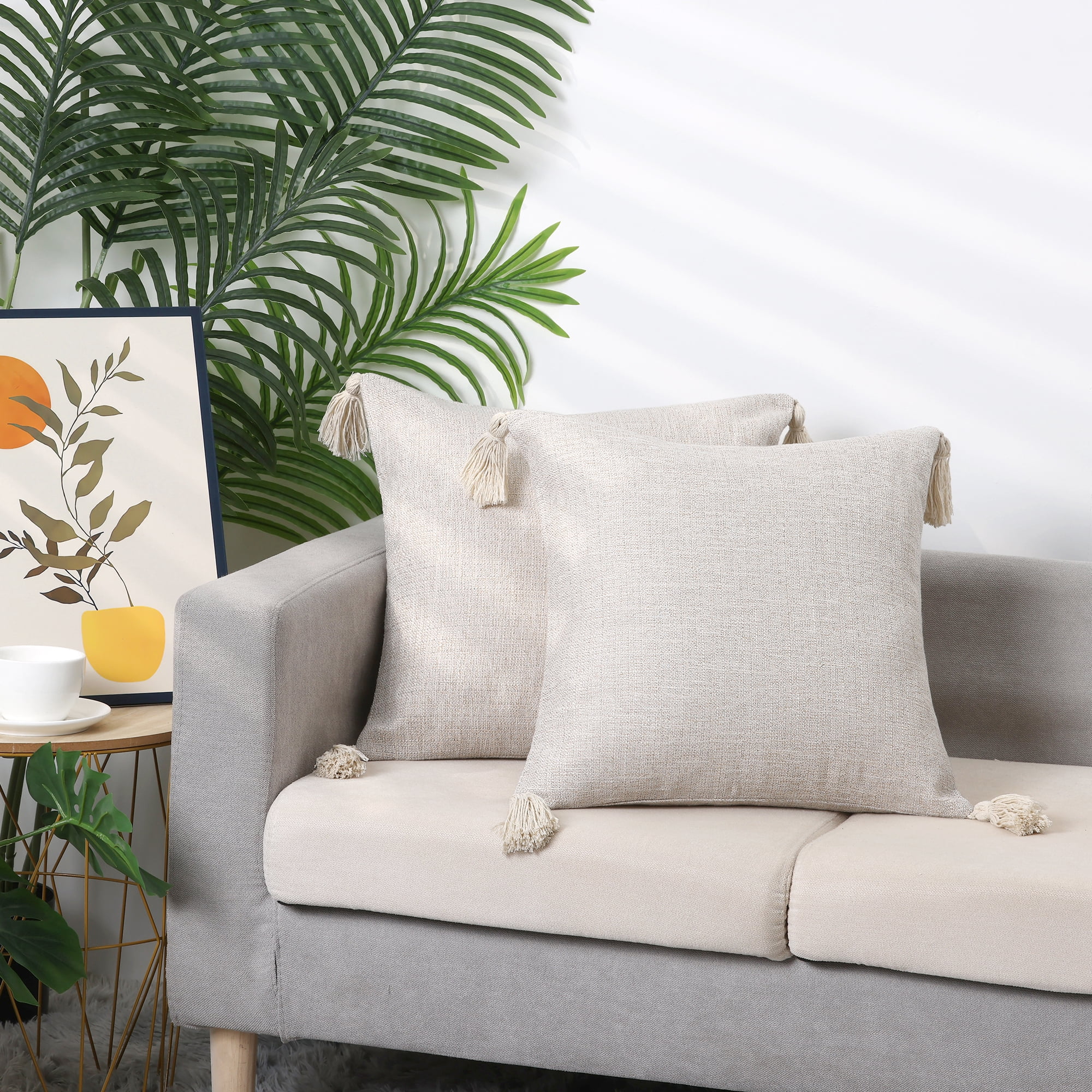 Unique Bargains Linen Fringe Cushion Cover Throw Pillow Covers with Tassel Design 2 Pcs White 18" x 18"