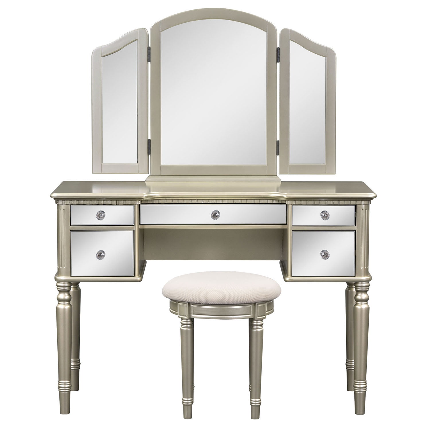 Resenkos 43" Dressing Table Set with Mirrored Drawers and Stool, Tri-fold Mirror, Makeup Vanity Set for Bedroom, Gold Resenkos 43" Dressing Table Set with Mirrored Drawers and Stool, Tri-fold Mirror, Makeup Vanity Set for Bedroom, Gold