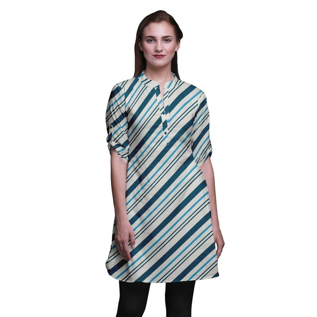 Bimba Kurtis Courtes pour Femmes Imprimées à Col Mandarin Robe à Manches Retroussables