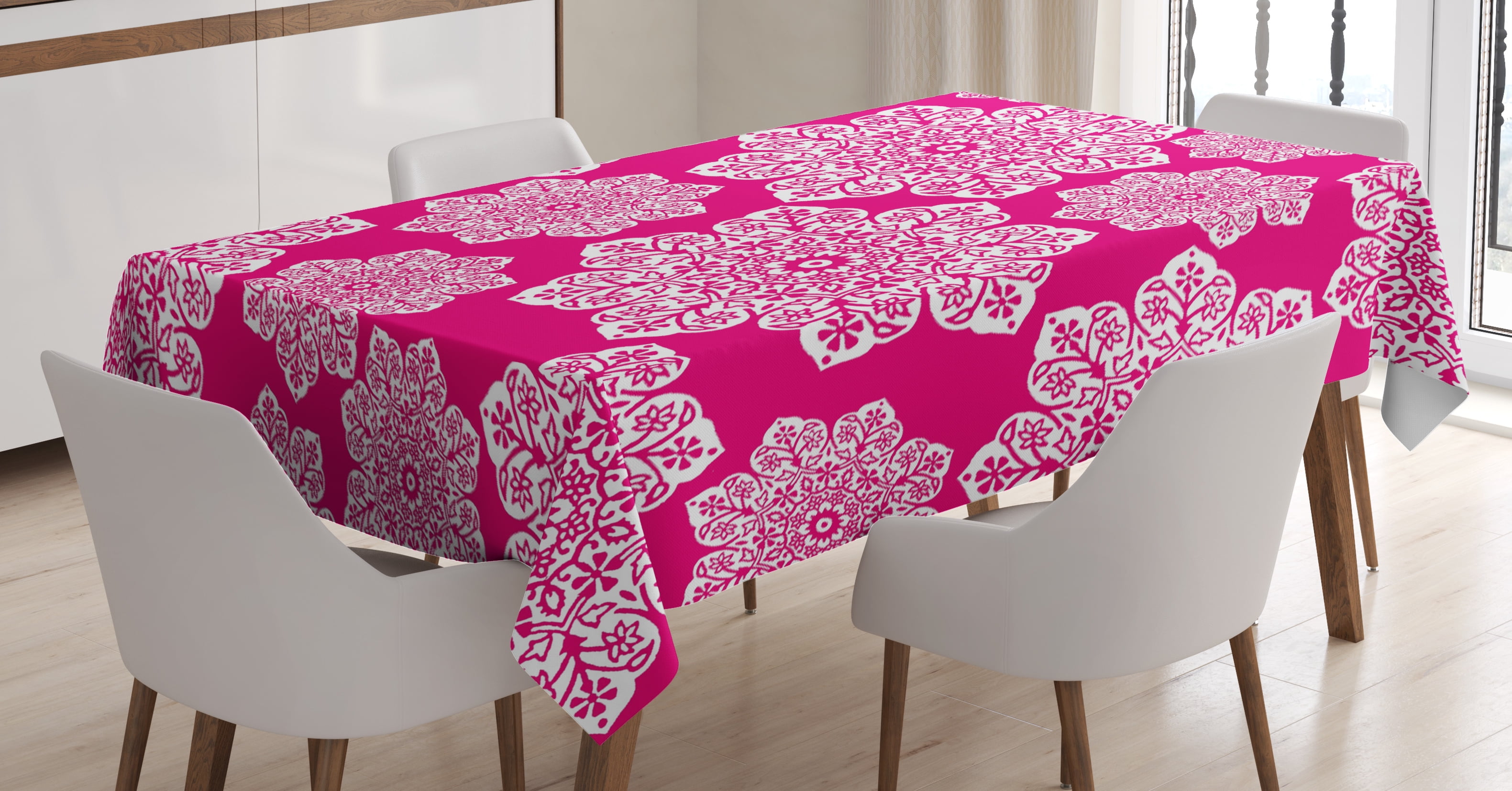 Hot Pink Tablecloth, White Floral Design Ornate Mandala Inspired Round