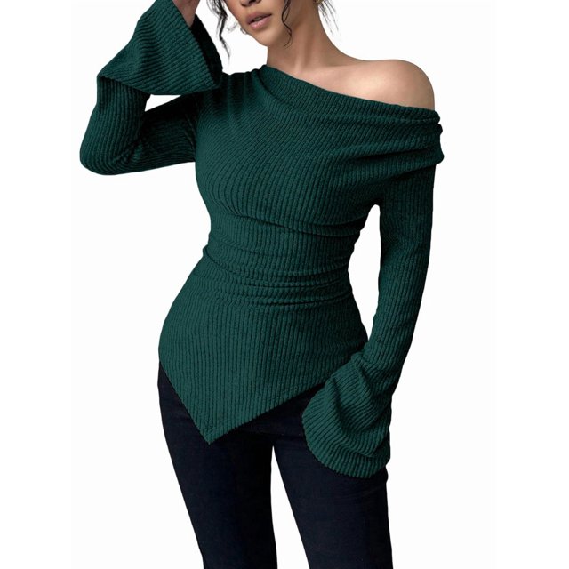 Women Long Sleeve Cowl Neck Ribbed Knit Fall Shirts Slim Fit Ruched Going Out Crop Tops Basic T-Shirts Green XXL