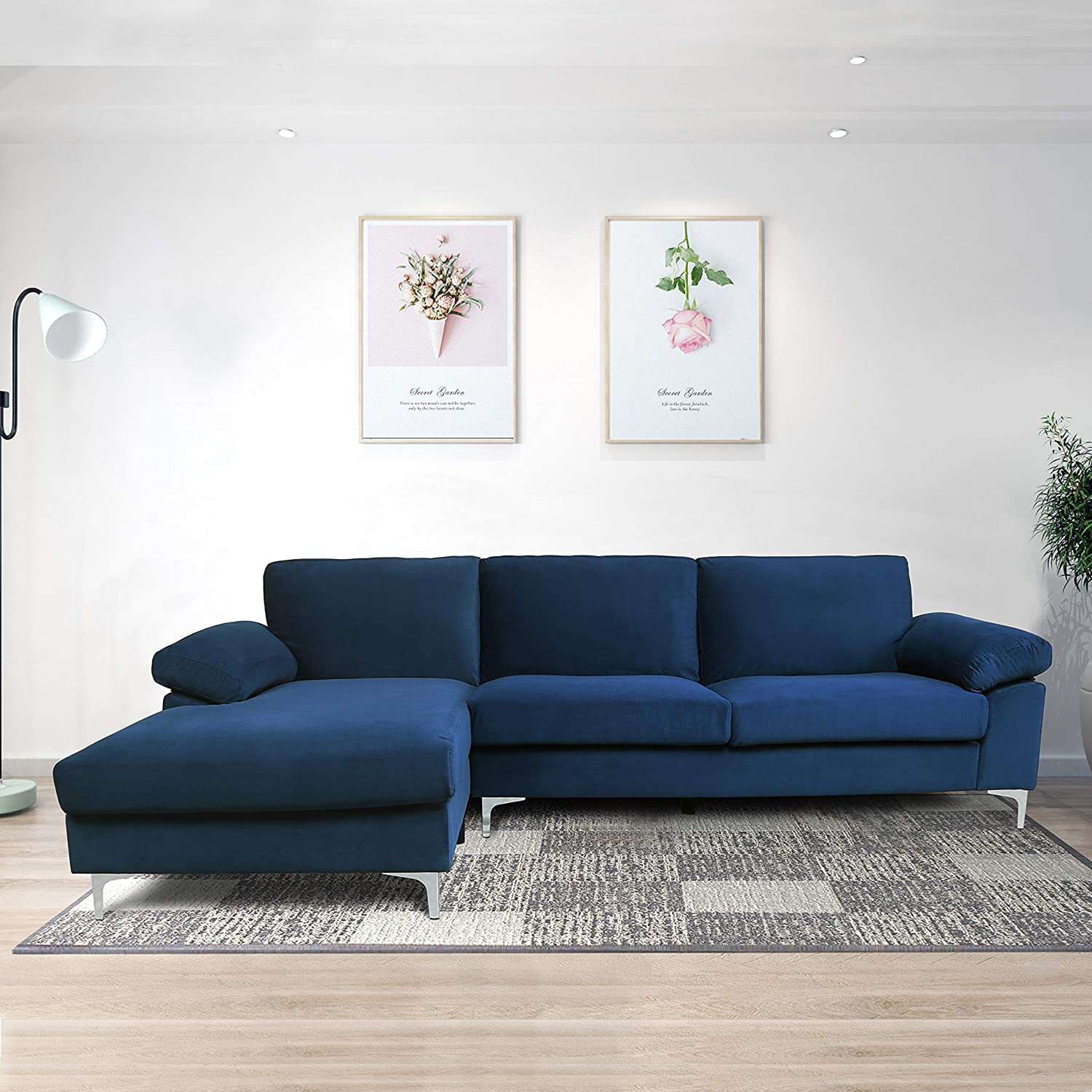 Powstro Velvet Fabric Sectional Sofa Set Corner Couch With Chaise Lounge Living Room Furniture Navy Blue Walmartcom Walmartcom