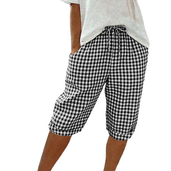 Ymauqau Bermuda Shorts for Women Drawstring Elastic High Waisted Straight Leg Plaid Casual Shorts Summer Beach Shorts