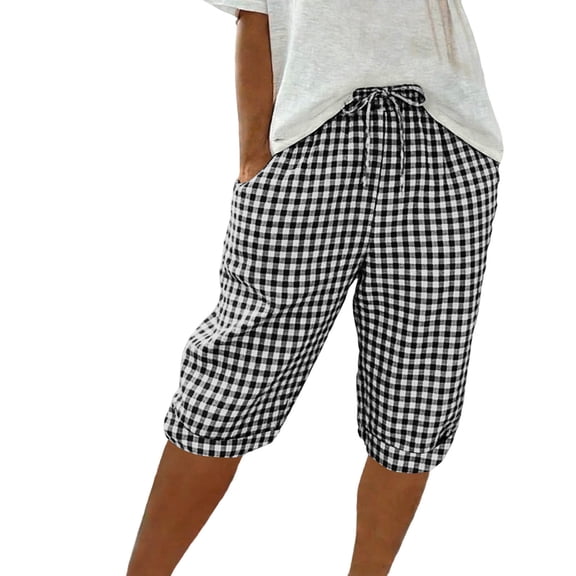 Amzcrzy Plus Size Shorts for Women Trendy Plaid Women's Linen Shorts Elastic Waist Drawstring Summer Shorts with Pockets Comfy Knee Length Rolled Shorts S