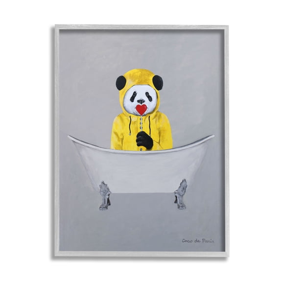 Stupell Industries Panda Yellow Raincoat Red Heart Claw Foot Tub Paintings Gray Framed Art Print Wall Art, 11x14, by Coco de Paris