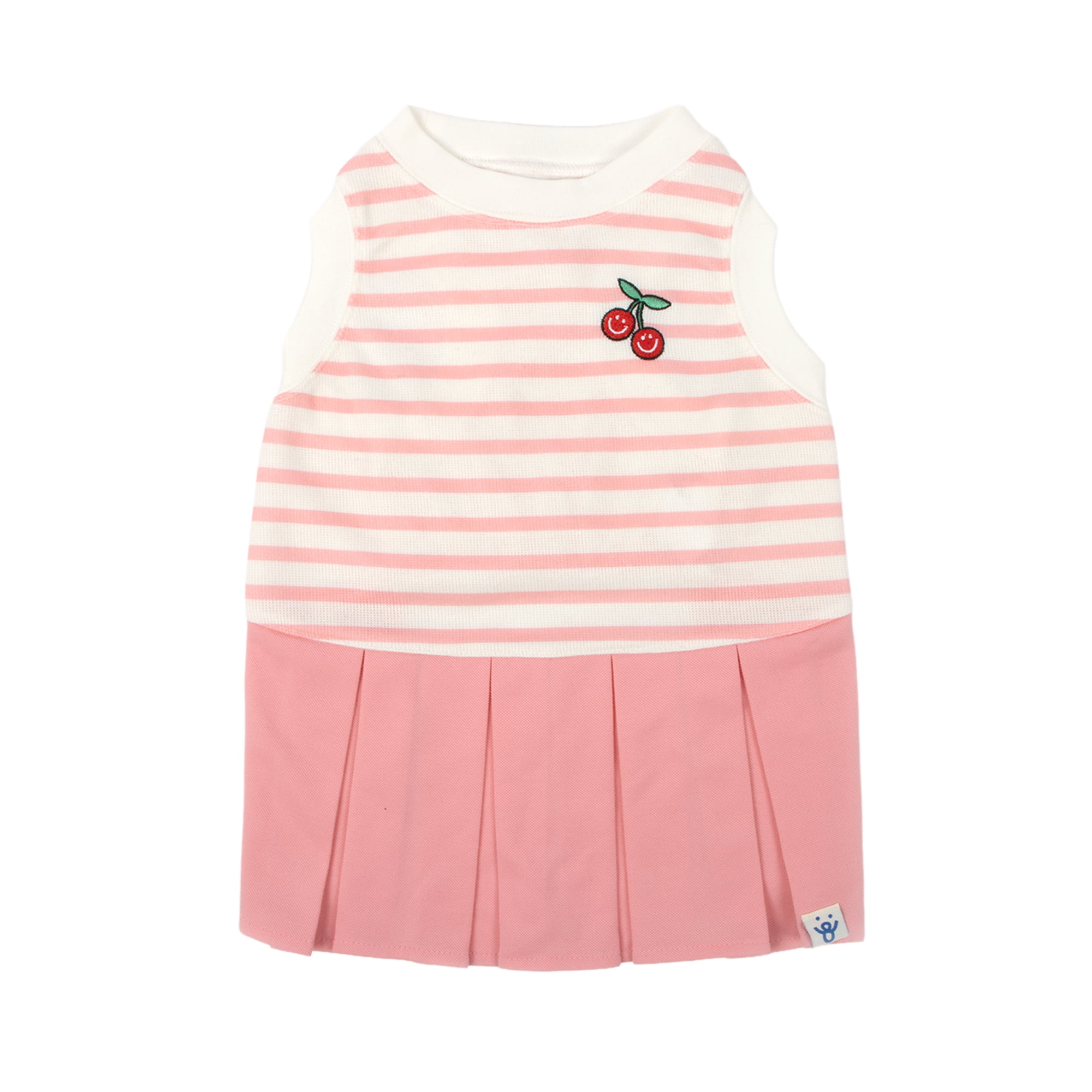 Oodles Pink Striped Cherries Pleated Tennis Spring Dog Dress, XS