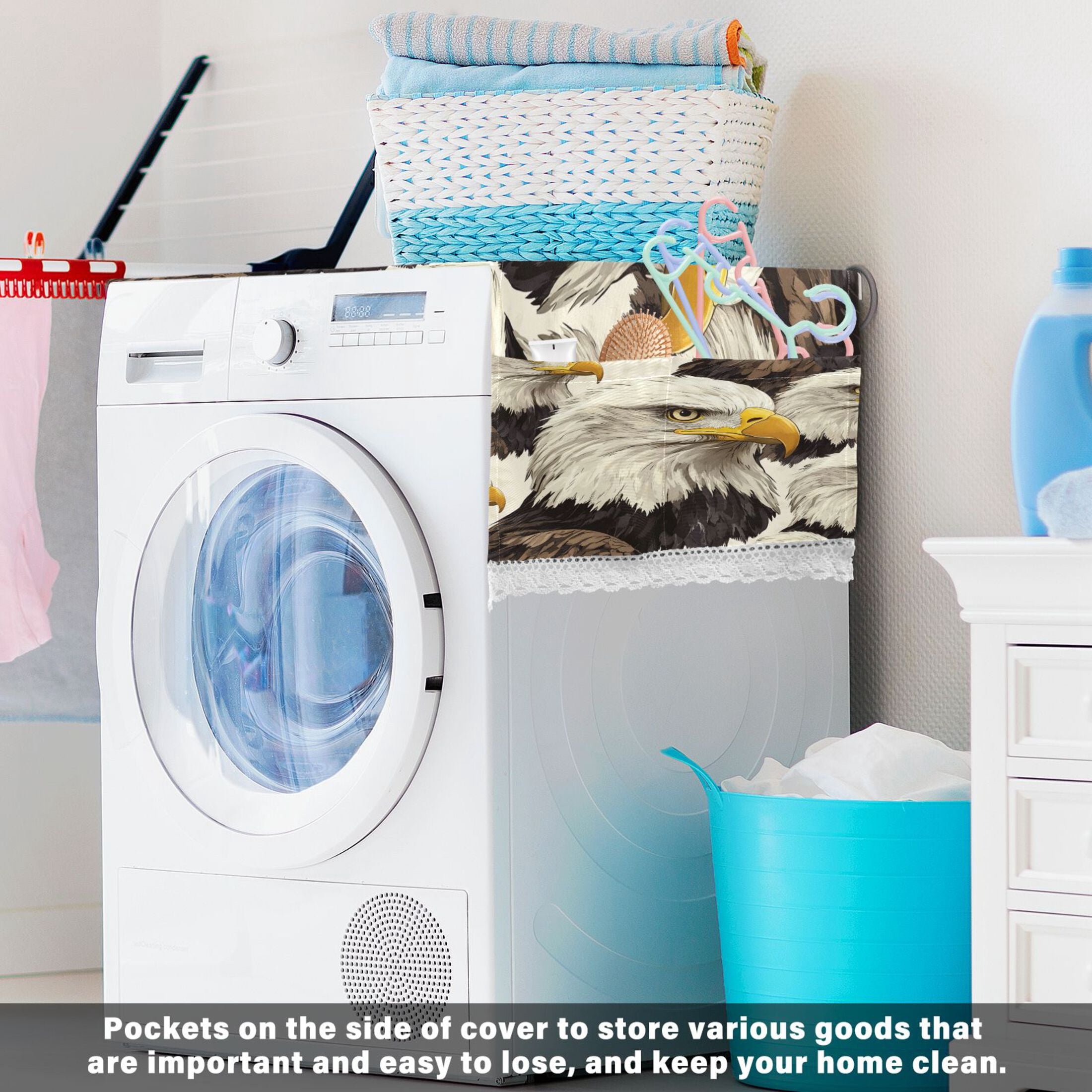 Bald EagleWasher and Dryer Covers Dust-Proof and Oil Resistant Fridge Cover with 4 Storage Pockets Washing Machine Top Cover for Laundry Kitchen Home 51.2 x 22 In