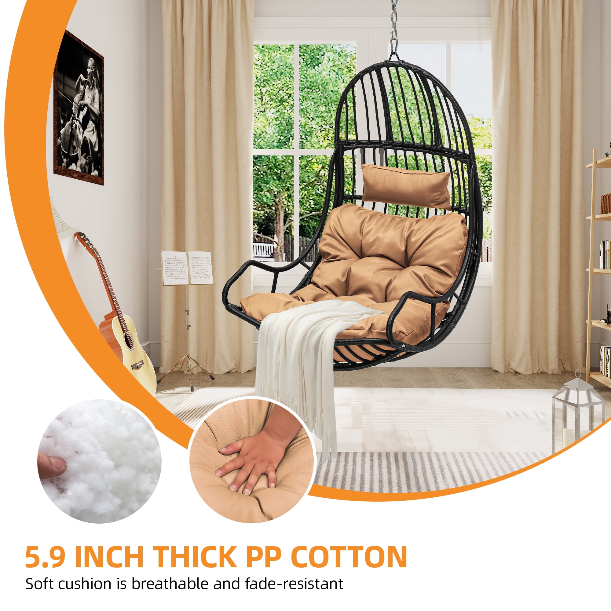 Uforic Brown Wicker Egg Swing Chair w/Cushions, Supports up to 330lbs, Ideal for Bedroom Patio Garden Balcony Use (Stand Sold Separately)