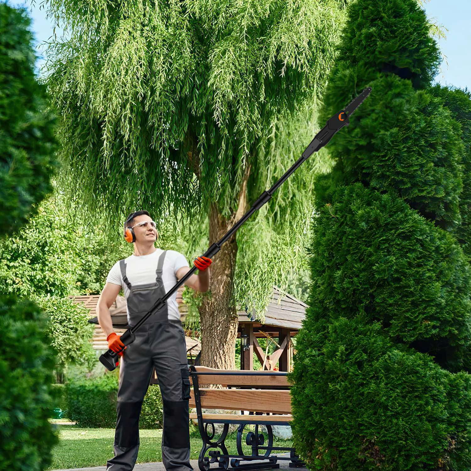 Cordless Pole Saw, 7.4ft Adjustable Length Chainsaw with 775W Motor (35ft/s Chain Speed), 2x 3000mAh Batteries & Safety Protection, 4-Section Extension Pole for Tree Trimming, Branch Cutting