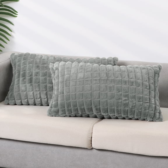REGALWOVEN 2pcs Checked Faux Fur Plush Throw Pillow Covers Solid Soft Fuzzy Cozy Pillowcases Grey 12" x 20"