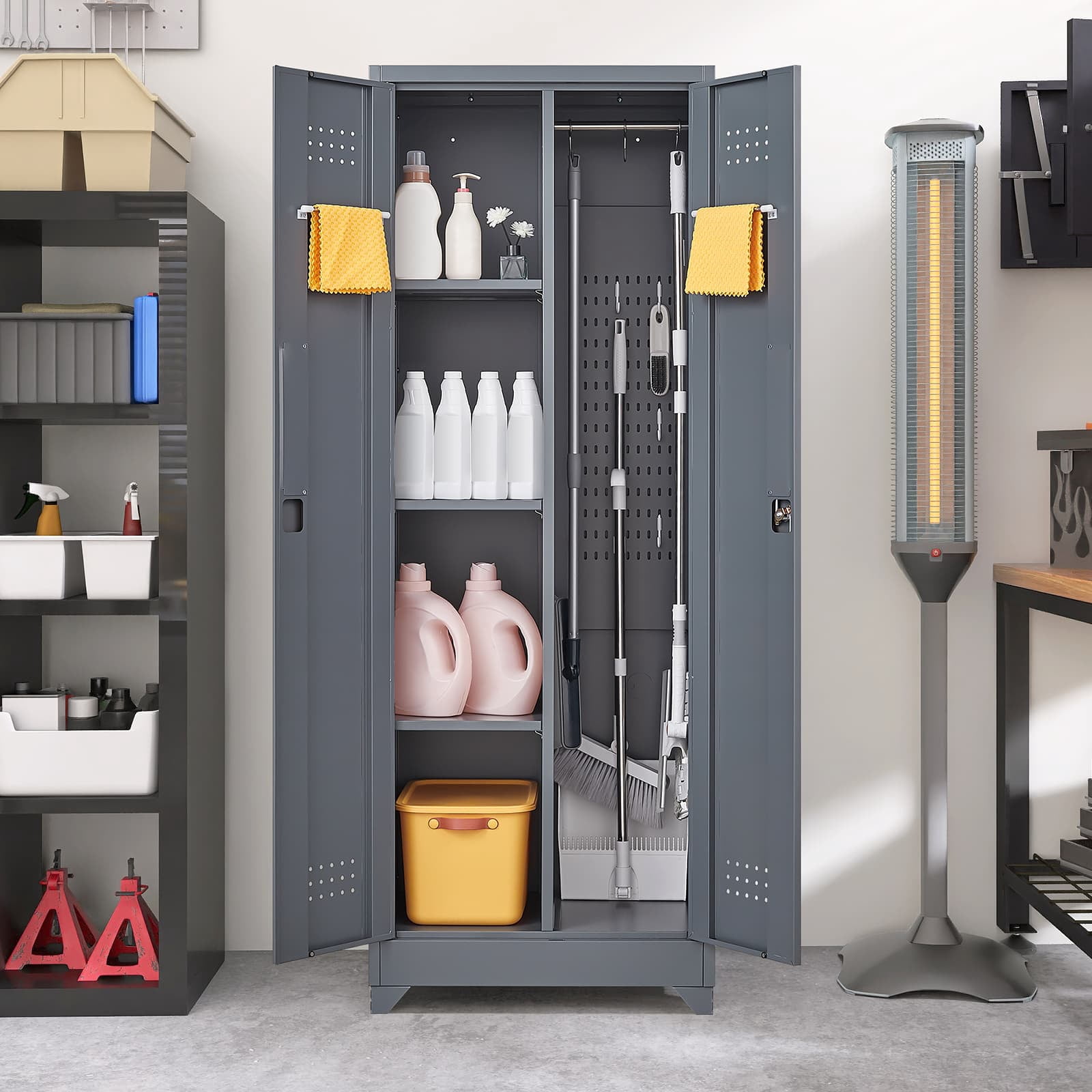 Aukfa 65" Metal Garage Storage Cabinets, Lockable Broom Closet Storage Cabinet with Shelves for Basement/Office/Laundry Room, Gray