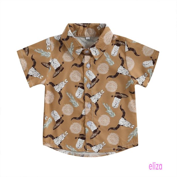 Eliza-1-4Years Niño Niños Verano Casual Camisa De Manga Corta Solapa Elementos Occidentales Impresión Botones Tops Gao Jiahui unisex