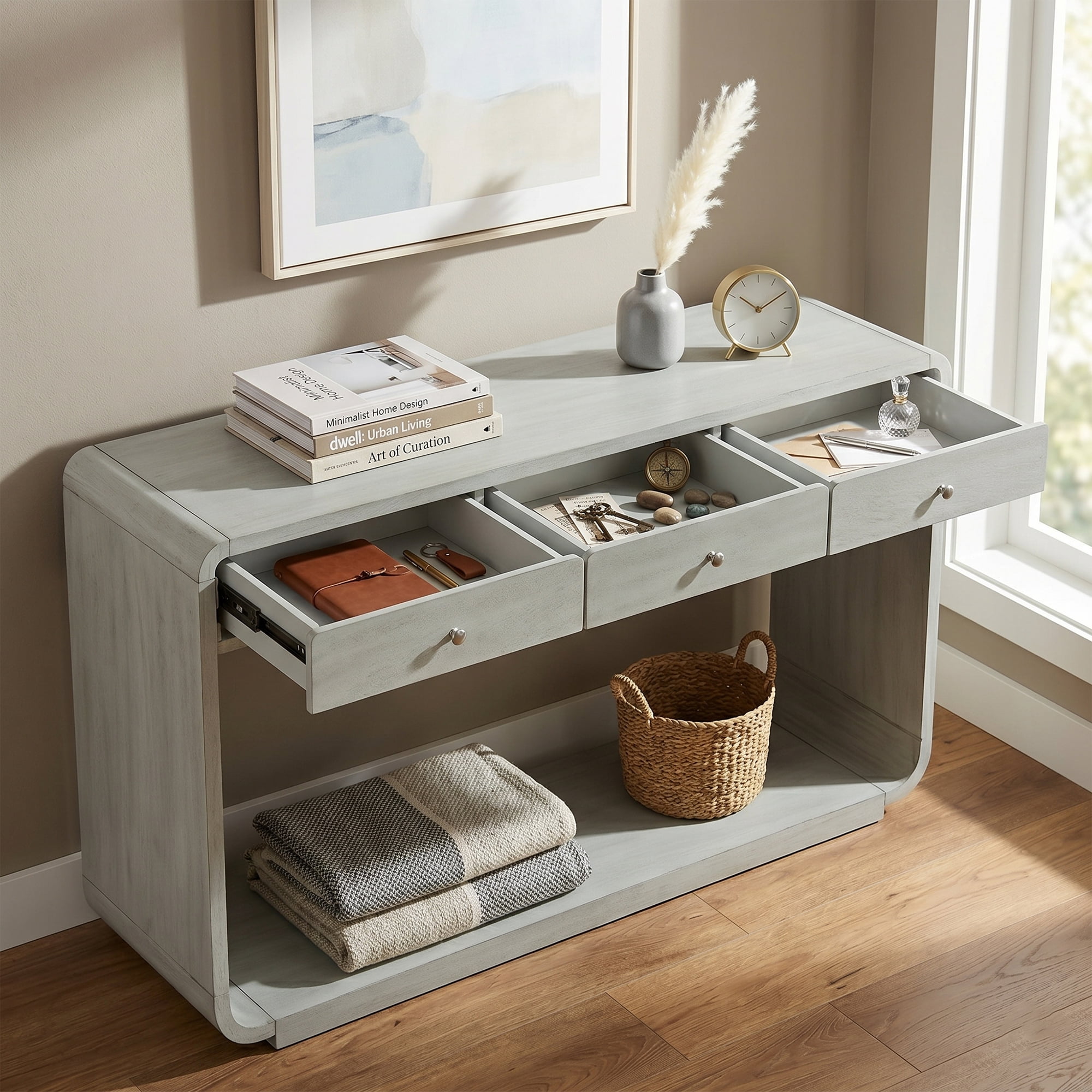 Mintazer Curved Rounded Console Table with Brushed Nickel Handles, Entryway Table with 3 Drawers & Open Bottom Shelf, Anti-Tip Sofa Table for Hallway Living Room Foyer, Blue