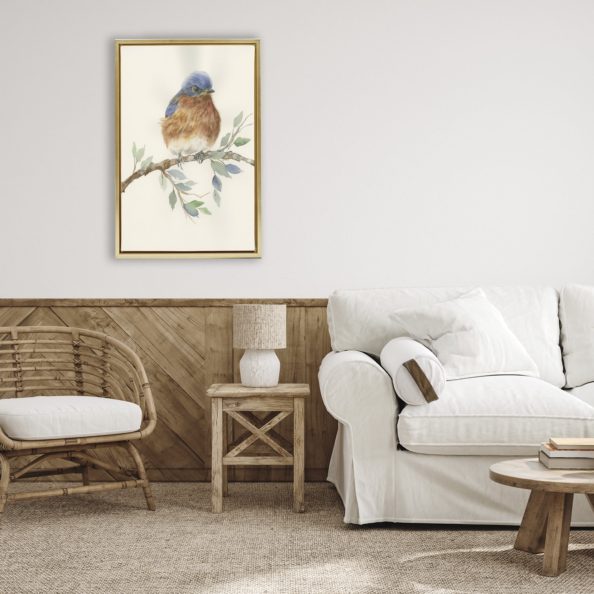 Stupell Industries Songbird Perched on Branch Gold Framed Floater Canvas Wall Art, design by Cady Driver