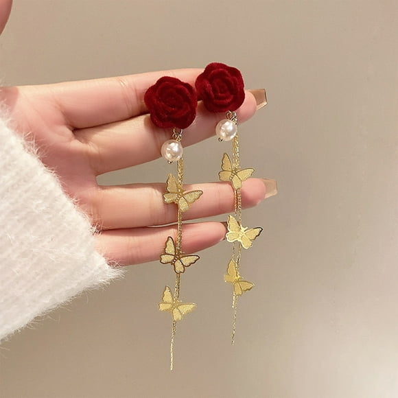 Dvkptbk Rose Earrings Enchanting Red Flower Earrings and The Season with Butterflys Tassels Radiating Graceful Elegance and Sophistication Jewelry