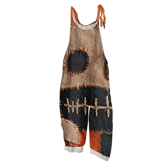 JULMCOMO Cotton Linen Jumpsuits for Women Halloween Pumpkin Printed Plus Size Spaghetti Strap Jumpsuits Funny Print Costume Holiday Overalls Khaki 5XL