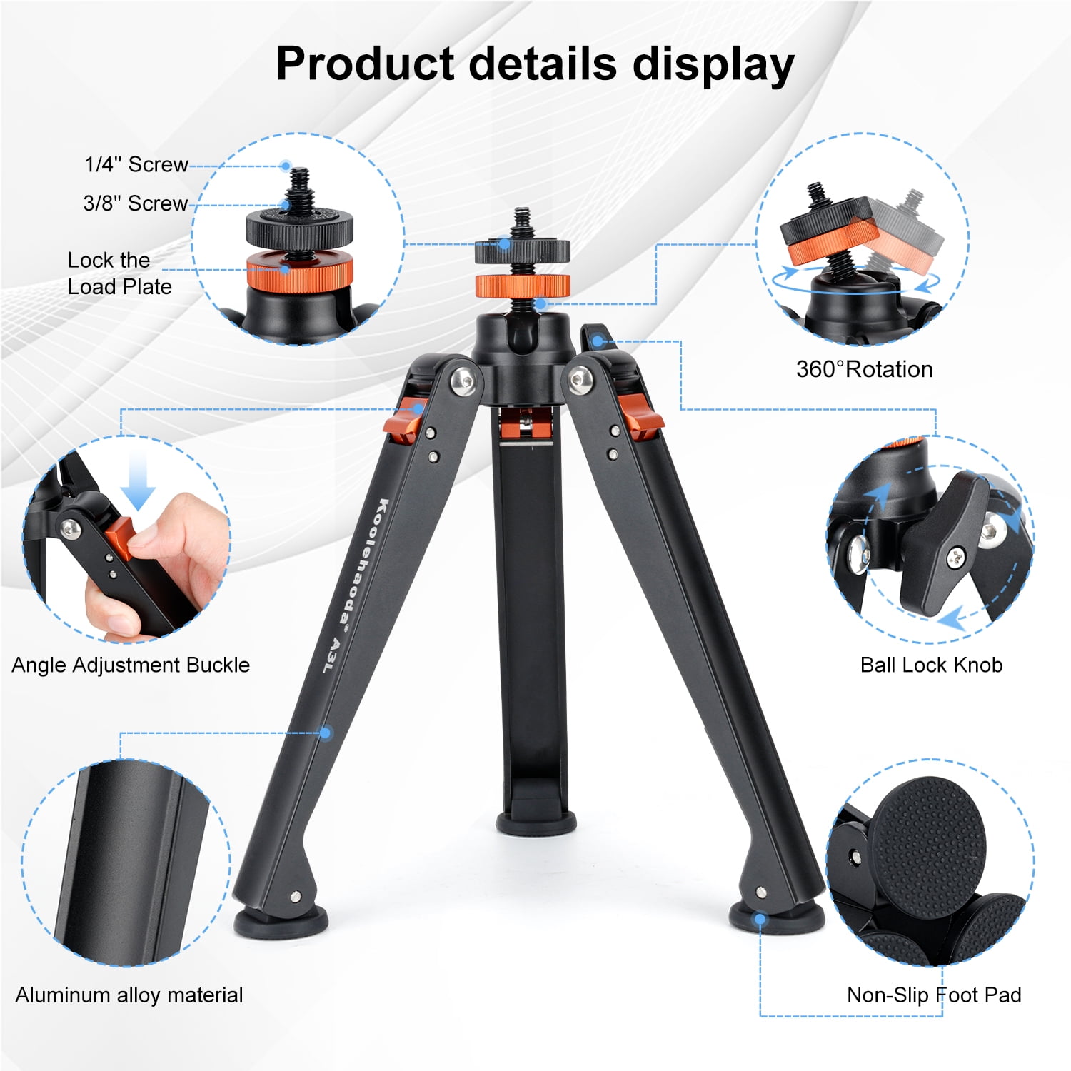 Koolehaoda Mini Tripod Base for Monopods, Aluminum Desktop Tripod with Three Feet Universal 3 Leg Support with 1/4"- 3/8" Screw Mount for DSLR Camera Monopod Unipod Photography Stick Ball Head