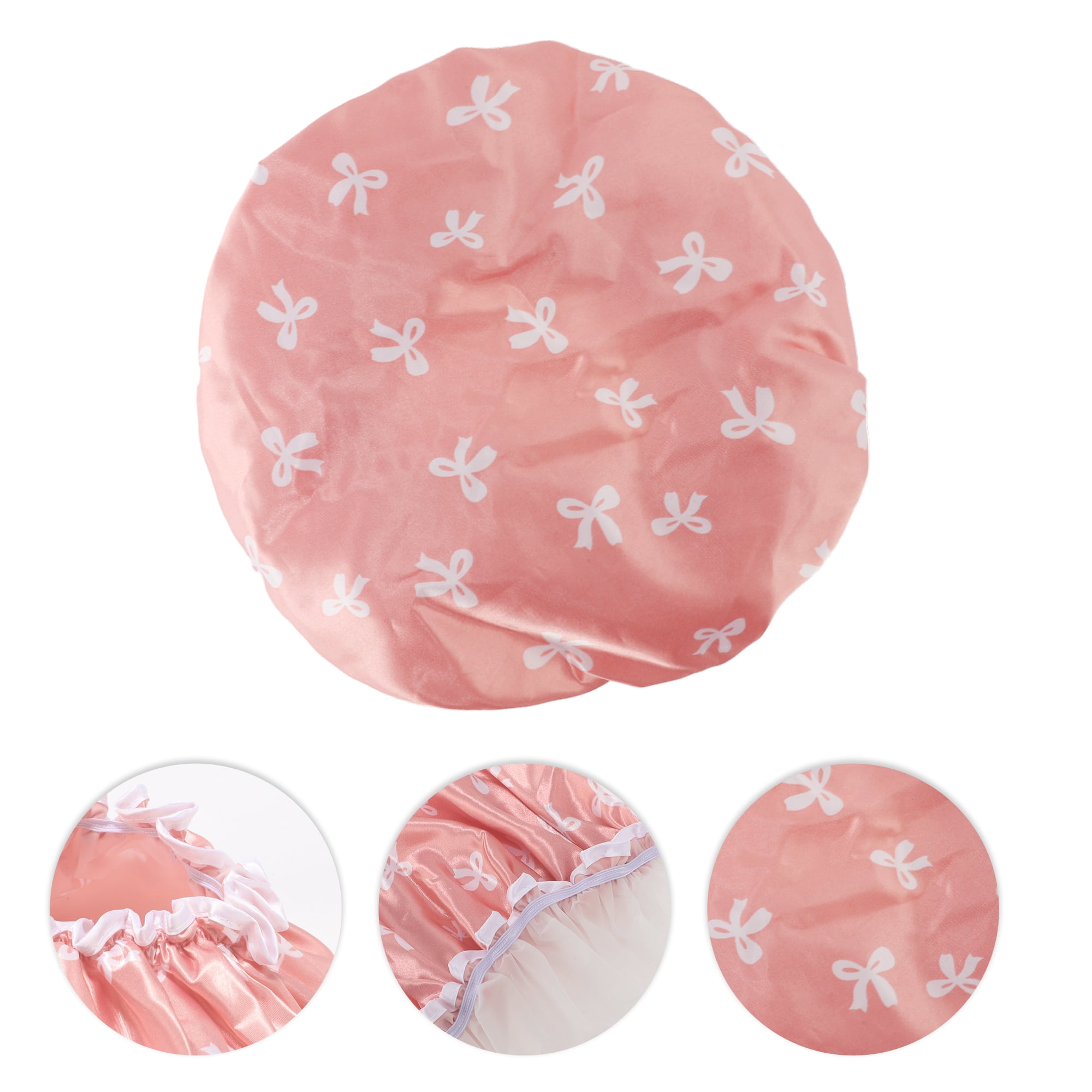 Unique Bargains Women Double Layer Bow Shower Cap 1 Pc Pink