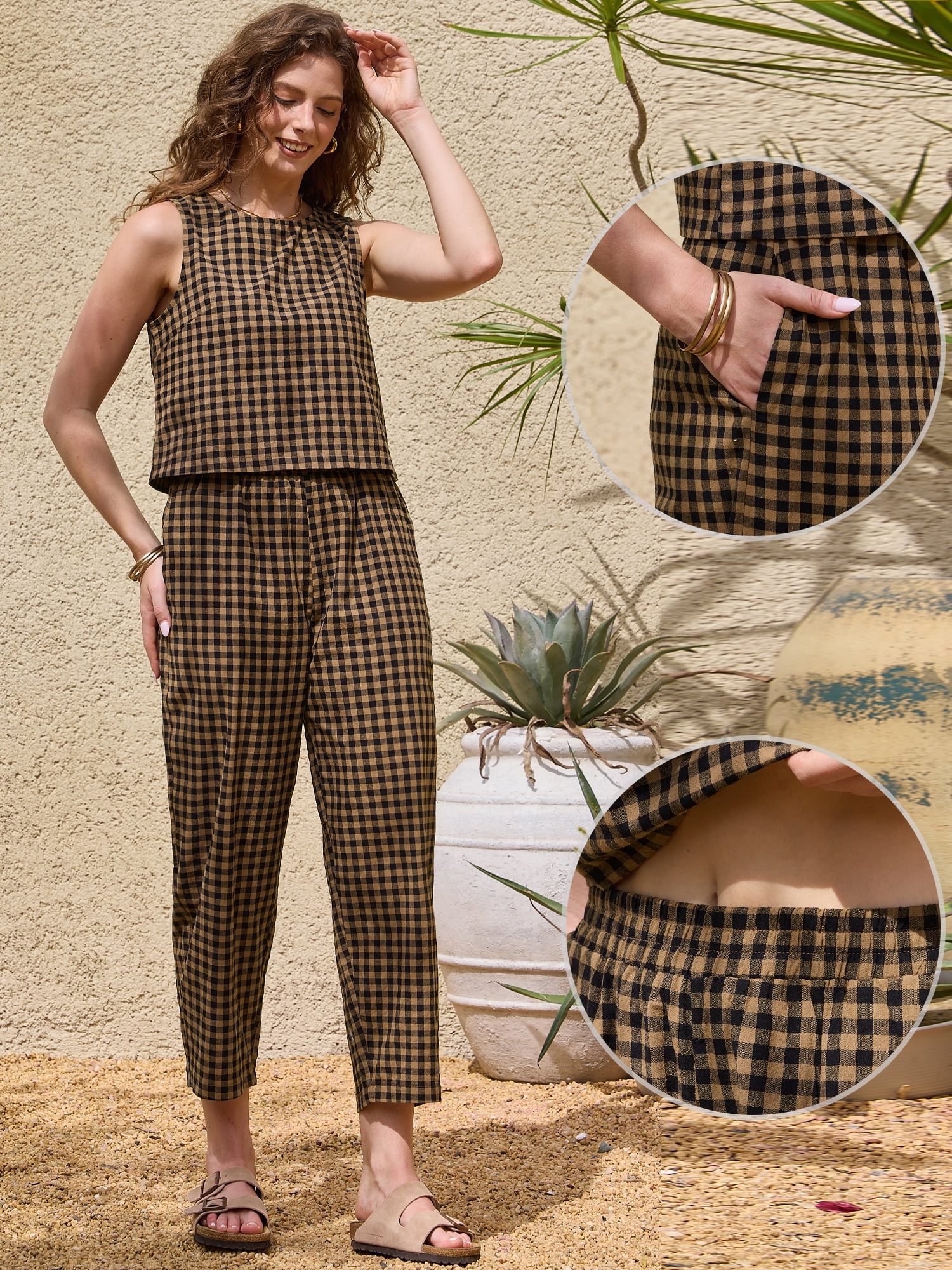 DARING DIVA Women's Gingham Pants Set 2 Piece Outfits Sleeveless Crop Top S Dark Khaki