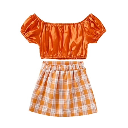 

Toddler Baby Girls Summer Outfits Short Sleeve Off Shoulder Crop Tops + Plaid Print Pleated Skirt 2Pcs Clothes Sets