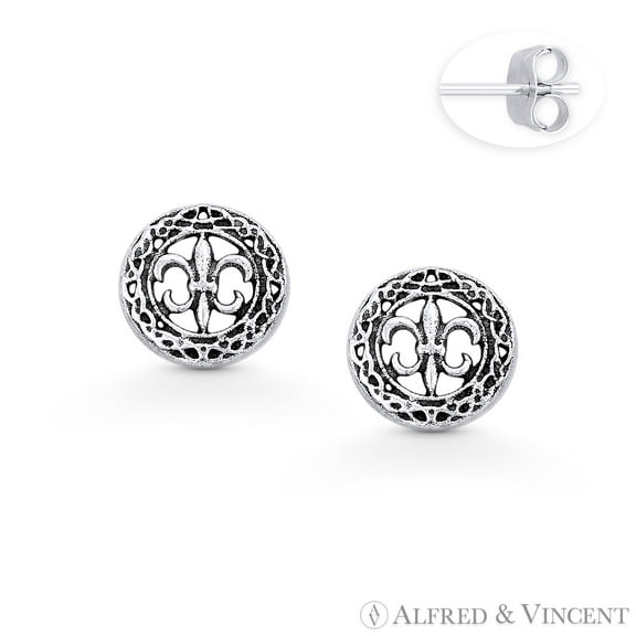 Fleur-De-Lis Flower Charm & Circle Stud Earrings in Oxidized .925 Sterling Silver