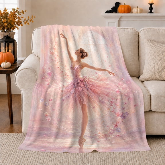 Ballerina In Flowing Pink Floral Dance Dress, Soft Flannel Blanket with Romantic Painterly Illustration Print, Housewarming Gift and Home Decor for Bedroom and Living Room