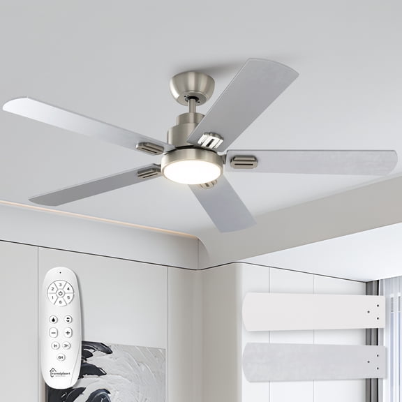 Warmiplanet 52" Sleek Satin Nickel LED Ceiling Fan with Light & Remote, 5 Blades, Slim Modern Style, DC Motor, 3-Color Light, Reversible, Timer
