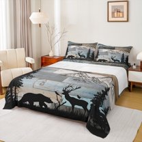 Manfei Rustic Bear Deer Silhouette Twin Sheet Sets 3pcs, Teal Old Barn Door Twin Fitted Sheet, Botanical Pine Tree Flat Sheet, Microfiber Bedroom Decor