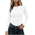 thumbnail image 2 of Xaqiouau Women Polyester Fine Rib Knit Solid Crew Neck Side Ruched Fitted Long Sleeve Autumn Winter Slim Layering Base Casual T-Shirt Top White M, 2 of 9