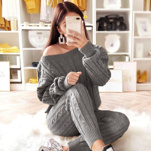 PVCS Womens Solid Color Off Shoulder Long Sleeve Cable Knitted Warm Two-Piece Long Pants Sweater Suit Set