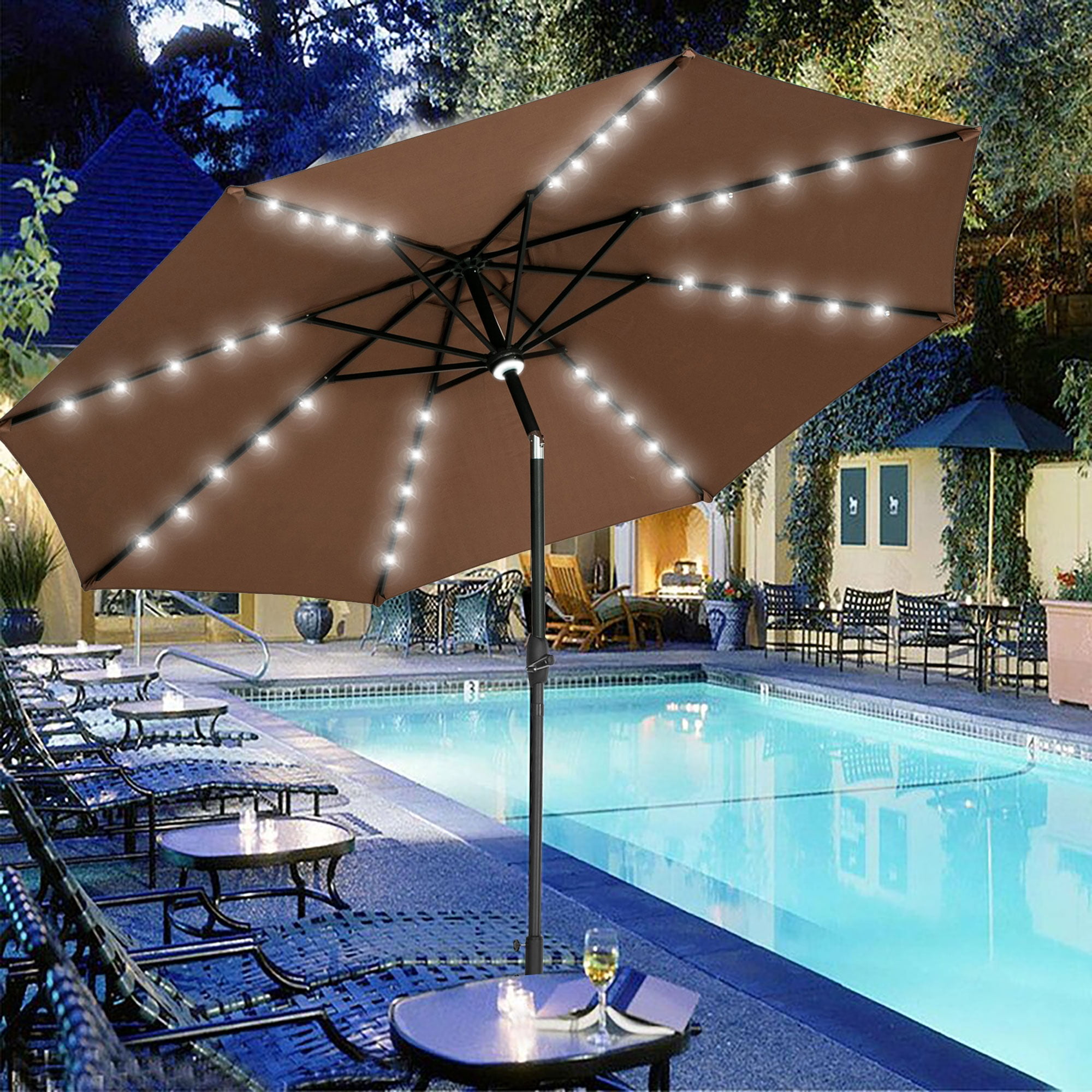 Autlaycil 10ft Solar Patio Umbrellas LED Patio Market Steel Tilt W