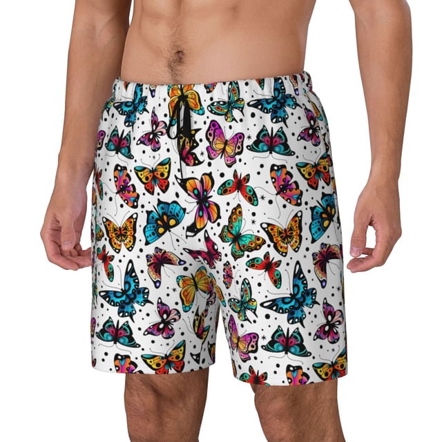 Bingfone Papillons Volants Colorés pour Hommes Maillot de Bain Double Couche avec Doublure, Style à Cordon avec Poches Shorts de Plage Maillot de Bain Homme-Grand