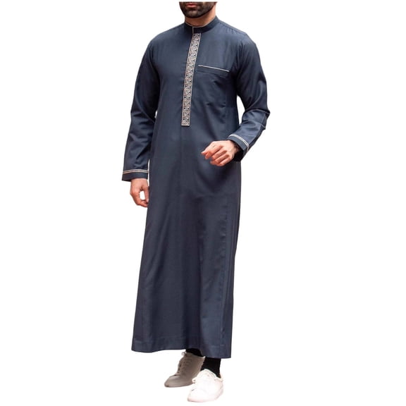Fsgntruao Muslim Robe for Men Kaftan Thobe Long Sleeve Embroidered Stand Collar Loose Fit Pocket Pullover Casual Wear Blue,L