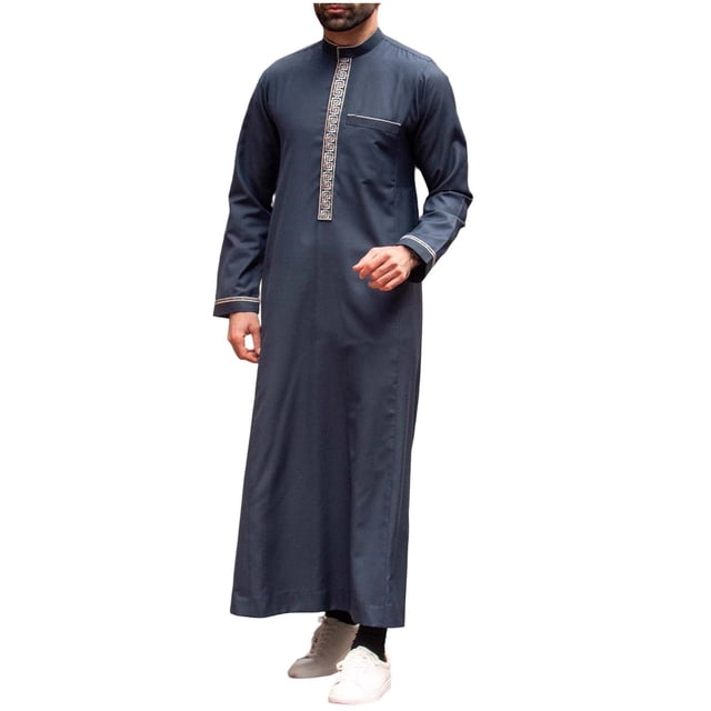 Embroidered Pullover Robe for Men, Long Sleeve Loose Fit Standing Collar Muslim Thobe, Arabic Style Kaftan for Daily Wear and Leisure