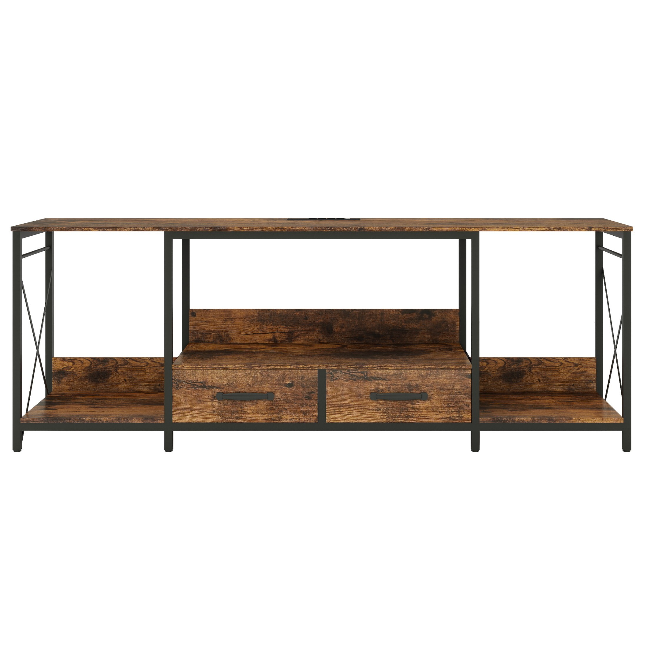 DEALTOPS 7-Color LED Lights TV Stand with Charging Stations and Fabric Drawers for TVs Up to 75'', Rustic Walnut