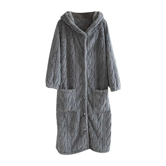 Gytharion Womens Flannel Nightgowns Plush Warm Mid-Length Winter Sleepwear Soft Cozy Button Down Fuzzy Fleece Sleepdress Cute Solid Long Sleeve Hooded Nightdress with Pockets