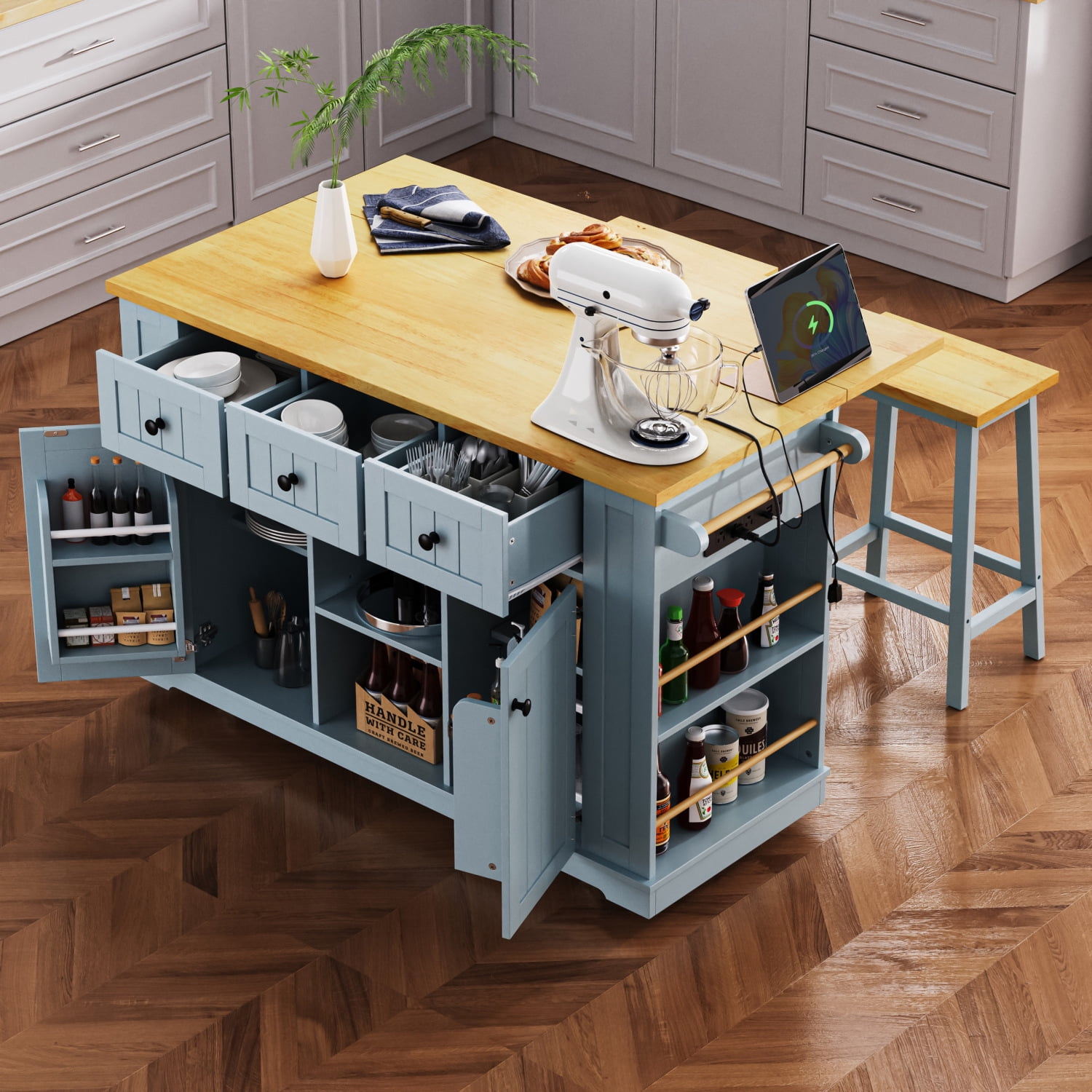 Harper & Bright Designs Large Kitchen Island with 2 Bar Stools and Power Outlet, Kitchen Storage Cart on 5 Wheels with Drop Leaf and Door Internal Storage Rack & 3 Drawers, Grey-Blue
