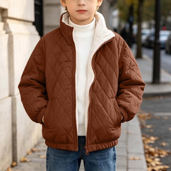 LOINRODI Boys Quilted Fleece Lined Jacket, Hand Pockets Elastic Cuffs Full Zip Stand Collar Warm Lined Winter Outerwear for Daily Wear Brown Size 8-9