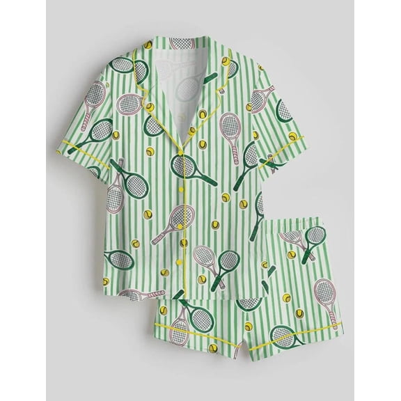 Women’s Tennis Satin Pajama Set, Let’s Play Tennis Green Pink Print Sleepwear, Short or Long Sleeve Lounge PJs